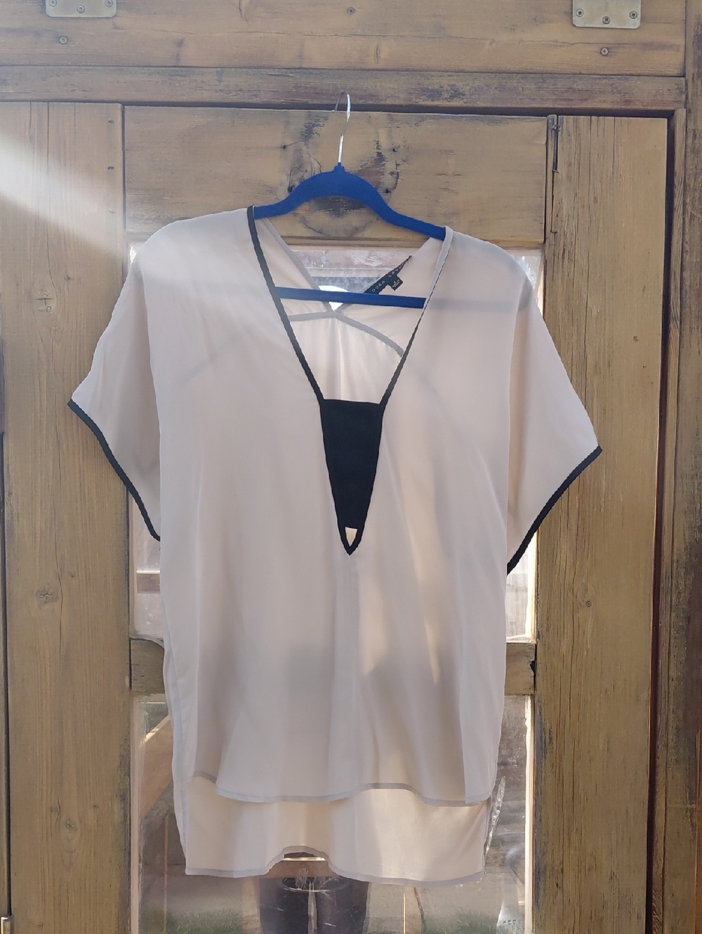 100% Silk  Light Taupe V-Neck Blouse with Black Trim - Women